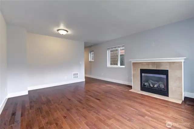 Living room with gas fireplace and nice flooring.
