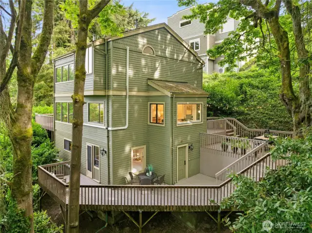 This is the owl's viewpoint of the home looking in from the green space to the home. See all the decking! Incredible spaces.