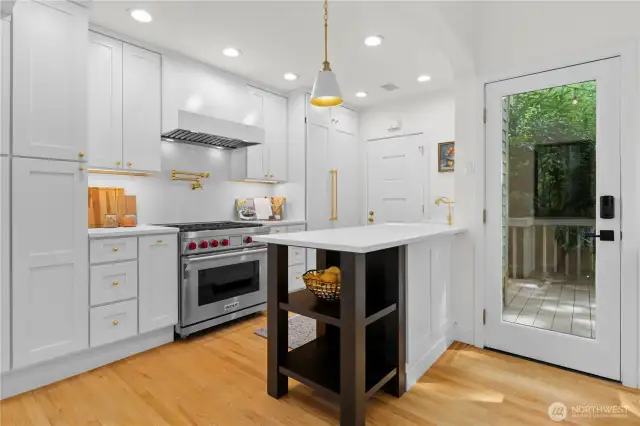 High end appliances. Courts countertops. Plenty of space to spread out. Door is access to the back deck