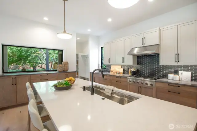 Kitchen has quality finishes. Notice the very cool pass through window to the left.