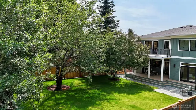 Amazing huge backyard is level, fully fenced, grassy and connected directly to the living room and kitchen.