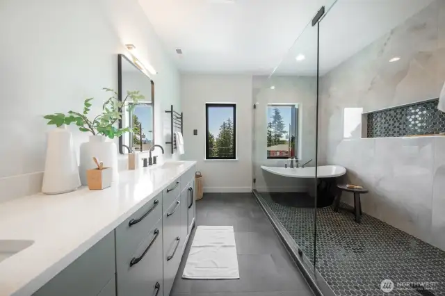 Primary bath has walk in shower and feels like an oasis.