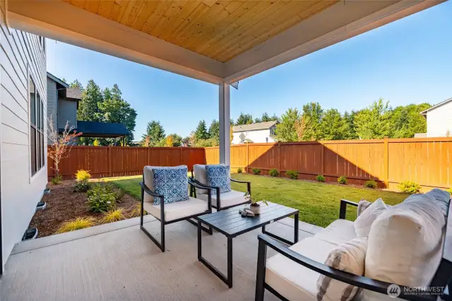 Theres a covered rear porch with gas piping for a BBQ