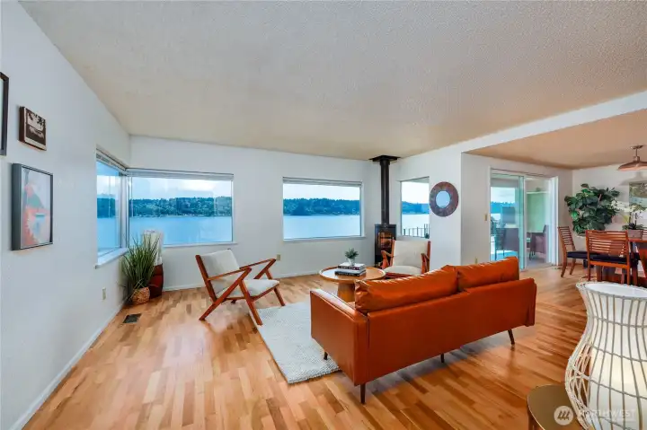 Entrance to living room.  Look at those views!  Beautifully restored hardwood floors.