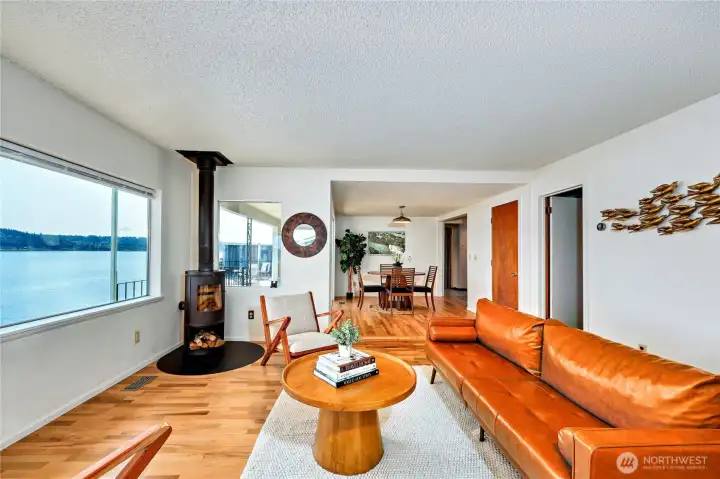 Living space to dining area.  To the right is a bedroom.