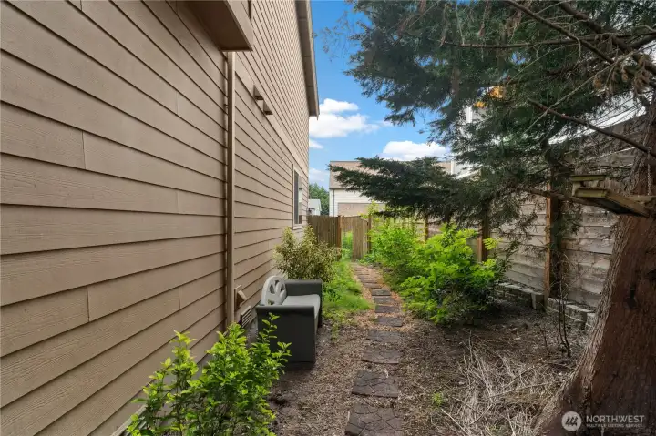 Another view of the side yard; the trees offer privacy from neighbors and partial shade for plants.