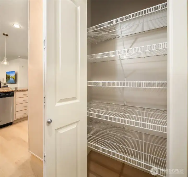 Oversized pantry provides additional storage for everday essentials and bulk shopping