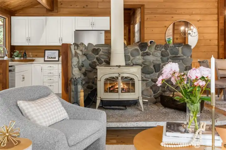 Wood burning fireplace. Wood burning fireplace.