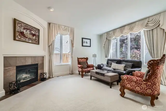 Cozy family room with one of two fireplaces
