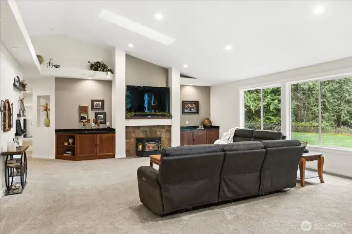 Great room t.v. stays.  It's a perfect fit for the space.