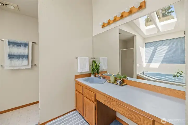 Large primary bathroom leaves room for future updates for a dream bathroom setting.
