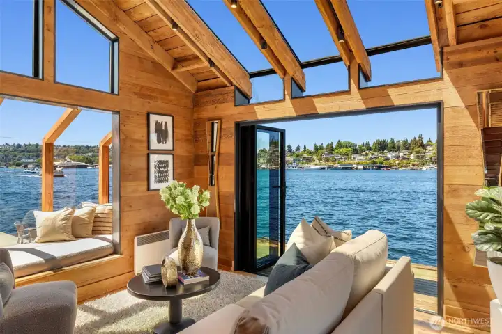 Bifold doors replace front windows, framing unobstructed views of Lake Union