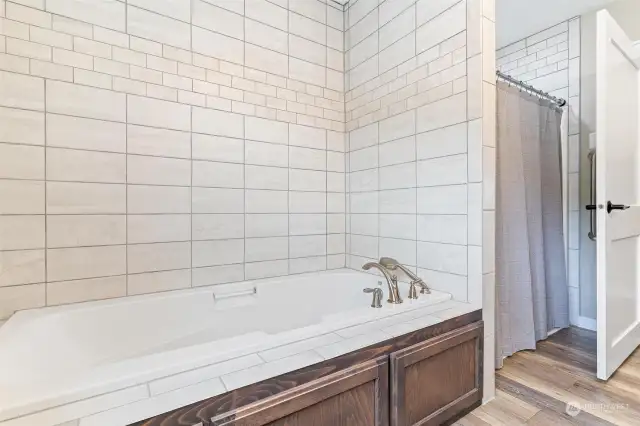 Tub and shower with beautiful custom tile work.