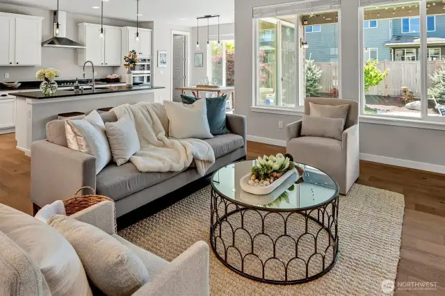 Main floor gathering space.  Open to dining area and gourmet kitchen.