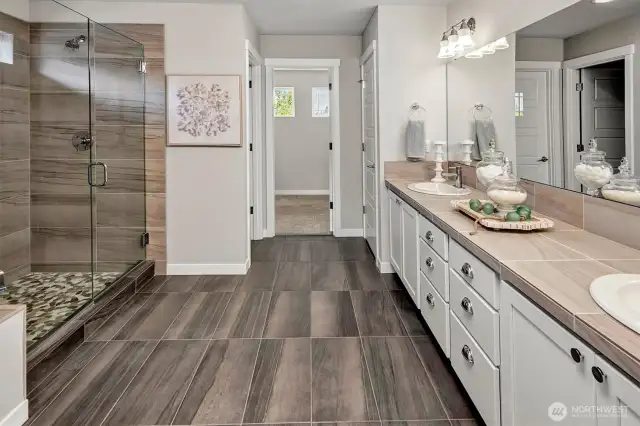 Primary bath with tile floors