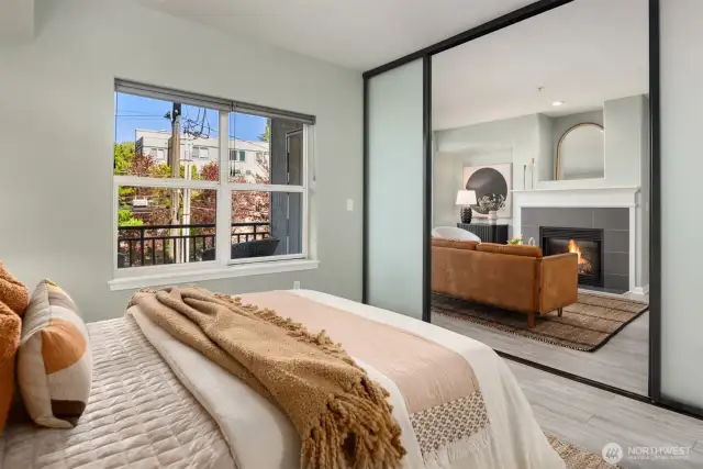 Contemporary sliding glass doors allow you to close the bedroom off or leave it open.