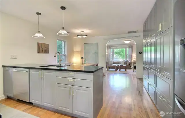 kitchen opens to dining room and living
