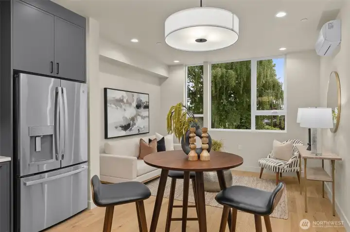 Framed by leafy outlooks, this corner space is great for intimate dinners.