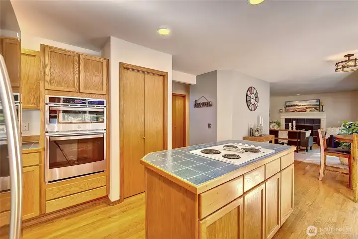 View of the kitchen to the family room.