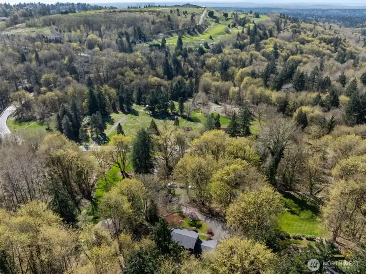 Aerial view toward Newcastle Golf Course, visible from the home.