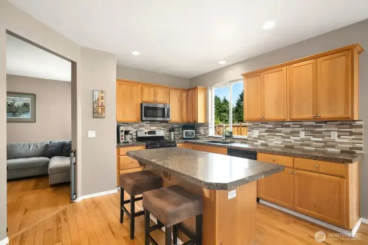 Updated kitchen with large island.