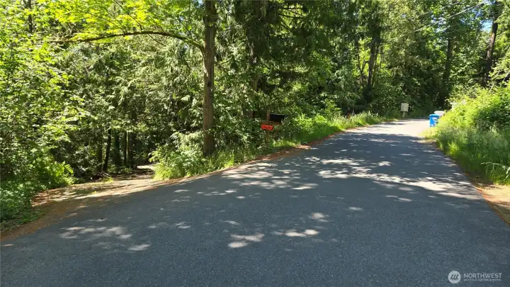 park up here and walking down is best. Land starts about the black mailbox and goes straight down to the dock at the lake, close to the neighbors house.