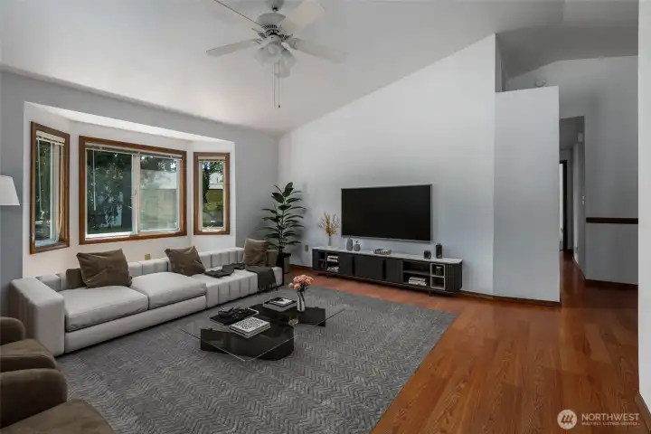 Living Room with bay window virtually staged