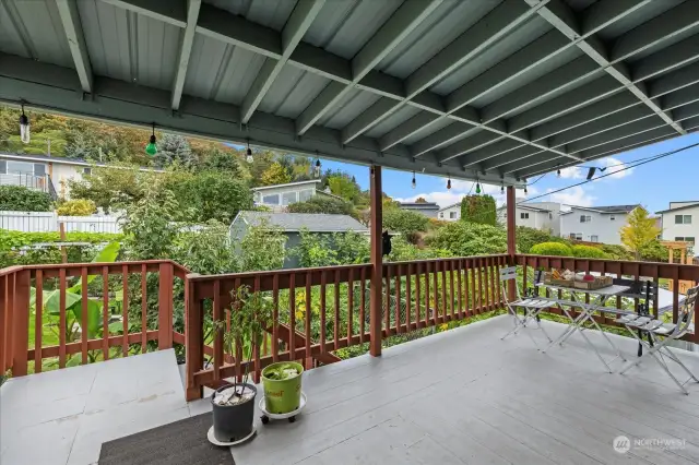 The deck opens to the backyard