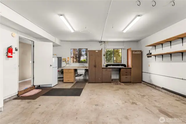 Spacious garage with built-ins.