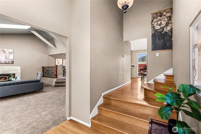 Main entry showcases classic hardwood floors and a graceful double staircase.