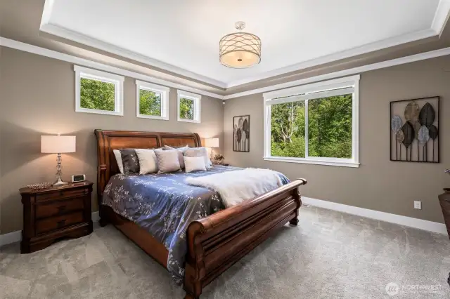 Primary bedroom has coved ceilings, lots of windows and room for a king-sized bed.