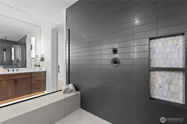 Notice the Toe Kick Lighting under the Vanity cabinets you can see in this photo view from the Shower.