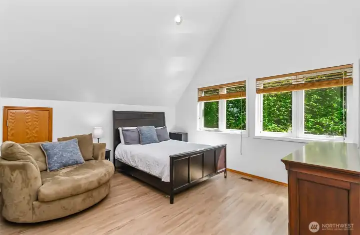 The upper level primary bedroom has an open outlook, vaulted ceilings and walk-in closet