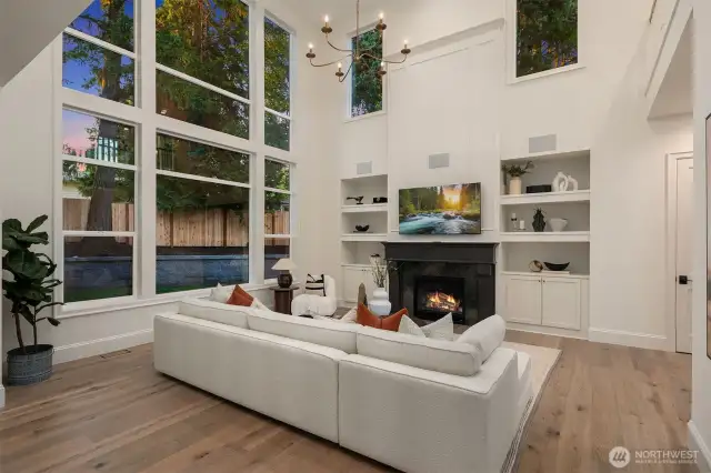 Two story great room that overlooks the private backyard