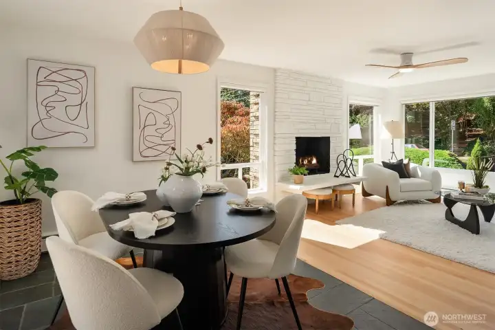 Designated dining room with original blue slate floors.