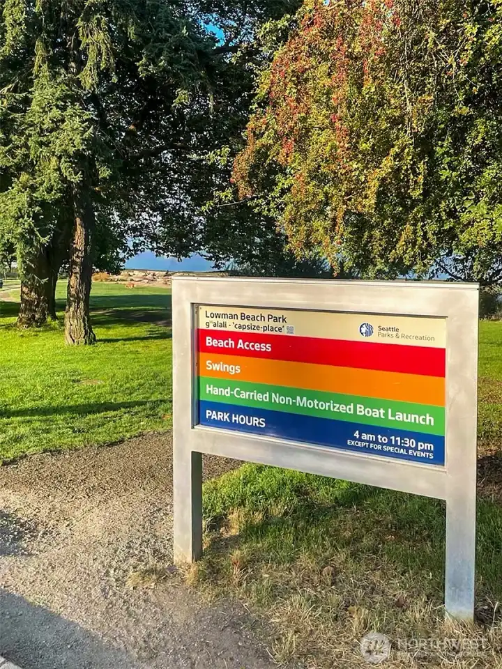 Explore the beautiful  shoreline of Lowman Beach Park. The parks offers a lawn space for gathering, swings, and a great locationto take in sunsets with a view of the Olympics. Also, a great place for launching hand carry recreational boats