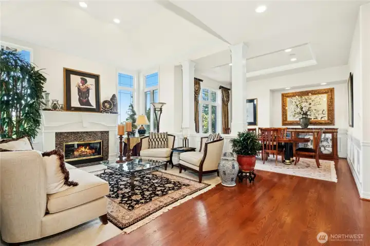 Living and dining rooms flow together seamlessly, ideal for elegant entertaining.