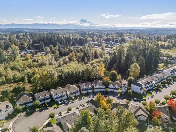 Aerial view of community at end of cul-de-sac with Mt Rainier in the backdrop. Greenbelt on the back-edge of community where townhouse unit is located.