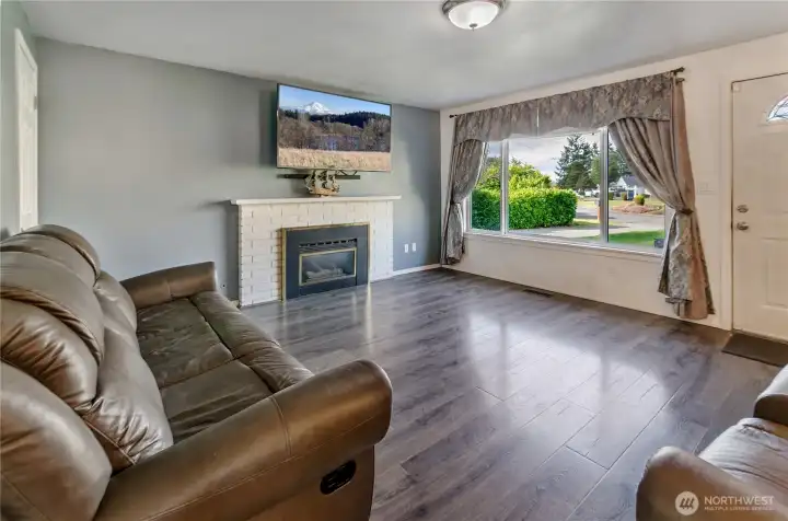 Gas fireplace is focal point of large living space.