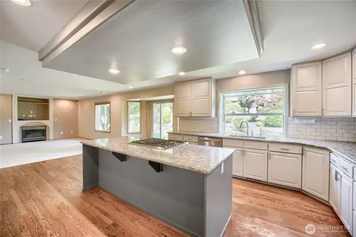Kitchen is made for entertaining.  Pull out shelving.