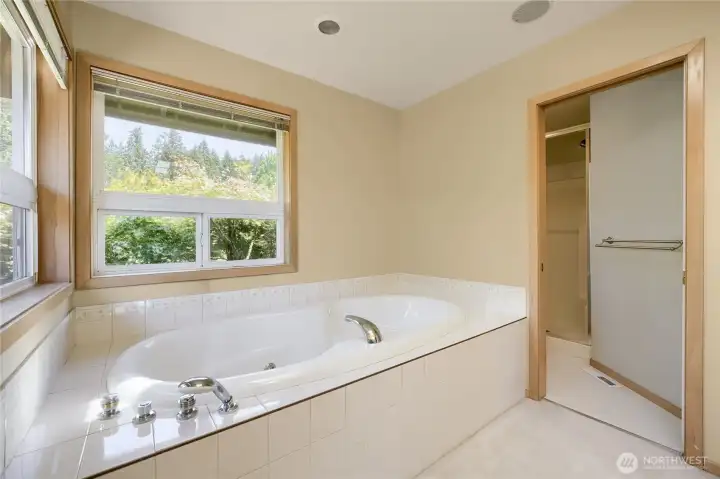 Jetted tub and separate shower in primary bathroom.