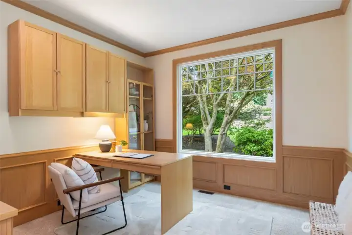 Dedicated work from home space on the main floor with large window overlooking the front yard. Dedicated work from home space on the main floor with large window overlooking the front yard.