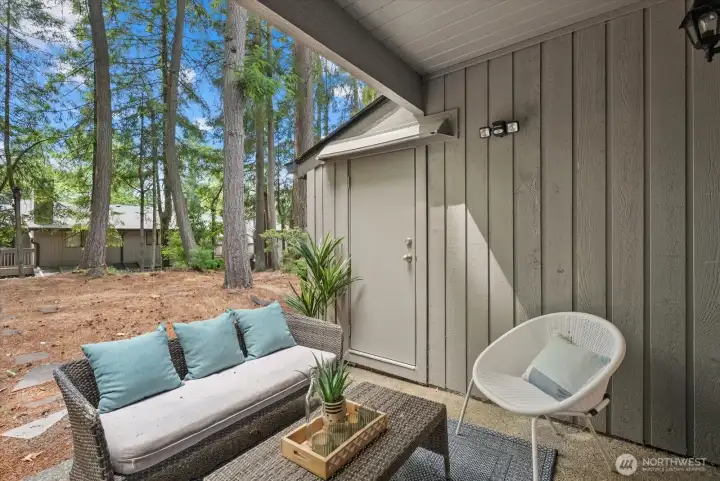 Backyard Patio with storage unit.