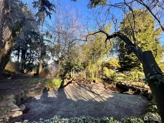 Large private backyard with patio & firepit ( grass area to left )