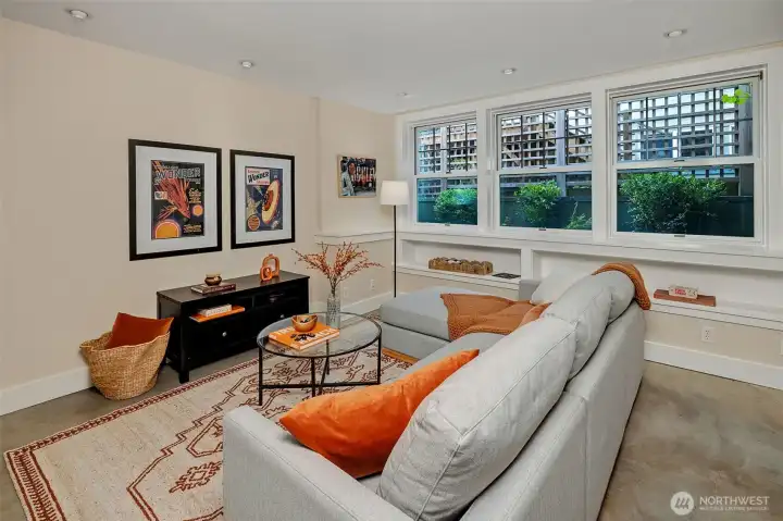 Lower level family room with a full bank of windows overlooking the side yard.
