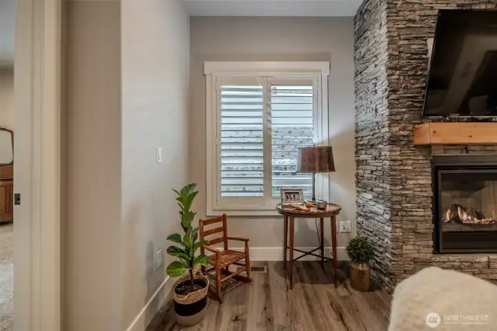 Plantation shutters on all windows not only provide an elevated and elegant touch but are very functional