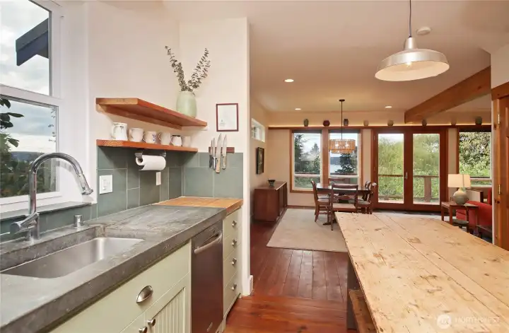 Kitchen looking into living spaces