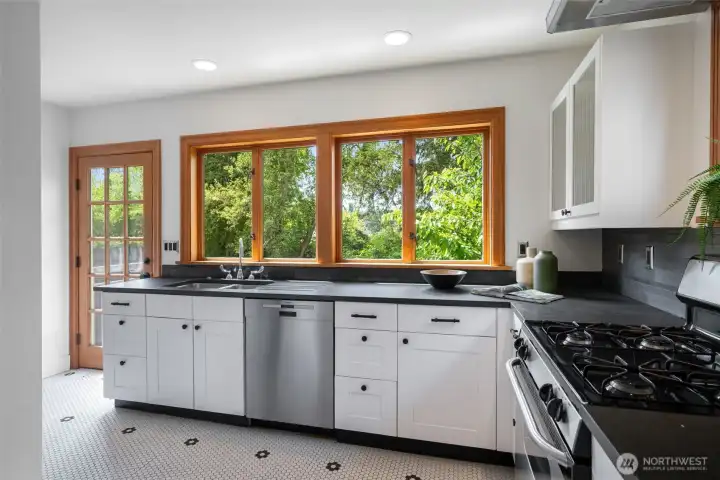 Kitchen with wall of windows overlooking backyard