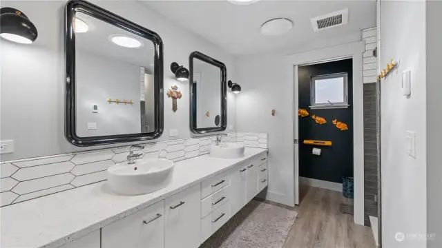 Spacious Japanese inspired bath with dual sinks