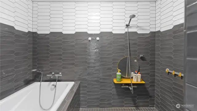 Walk-in shower in the ADU features Japanese style bath